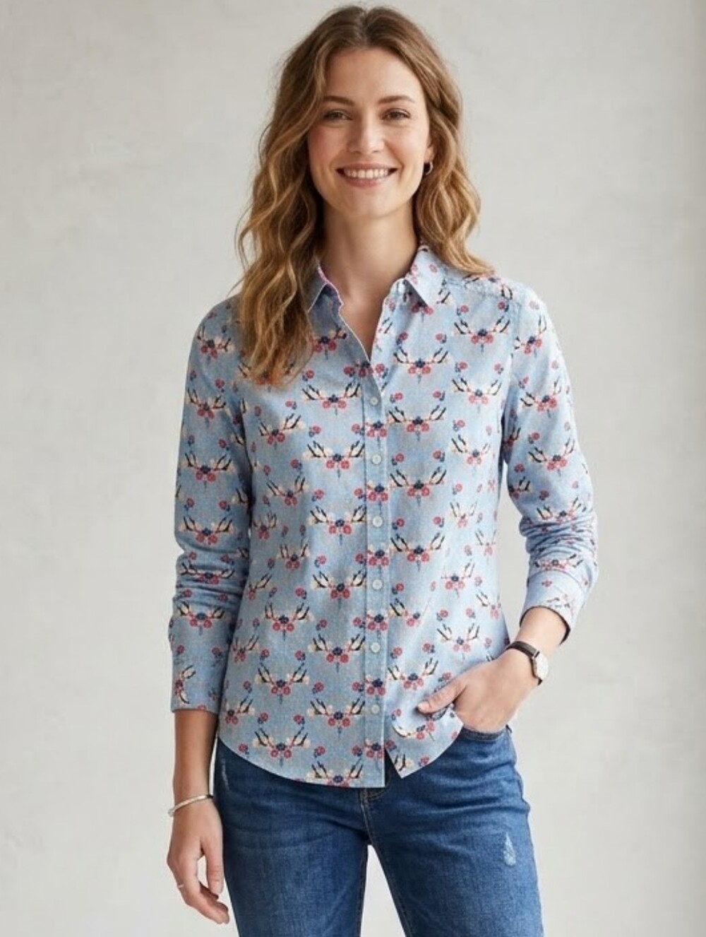 Boden Modern Classic Shirt W0189 Women's 4R Blue Bird Floral Print Cotton Button